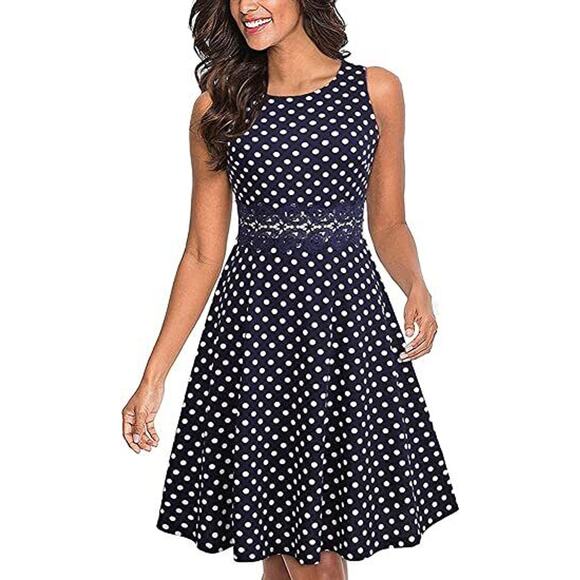 Homeyee Polka Dot Dress Womens 6 Navy Sleeveless Fit & Flare Floral Lace Detail - Picture 1 of 12